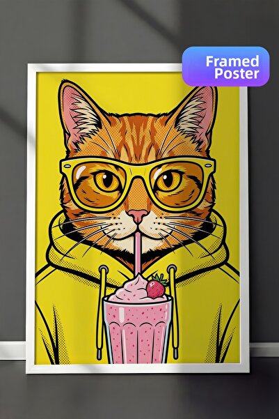 Zestia White Framed Wall Painting Neon Yellow Pop Art Cat with Glasses Childr...