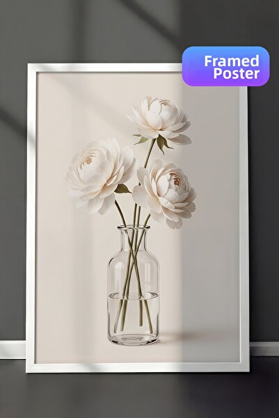Zestia Pictură murală înrămată albă Trei bujori albi în vază de sticlă Neutru...
