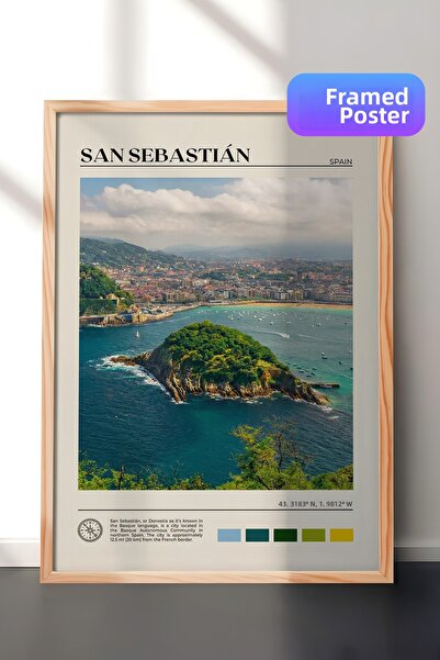 Zestia Tablou de perete cu ramă din lemn, peisajul Golfului San Sebastian și ...