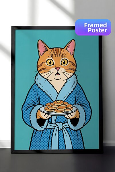 Zestia Стена с черна рамка: Синя котка с халат и ритуал с палачинки Поп арт д...