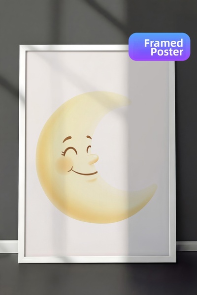 Zestia Pictură de perete înrămată albă, cu Lună zâmbitoare somnorosă, decor p...