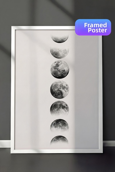 Zestia Pictură de perete înrămată albă Fazele Lunii Decor alb-negru pentru su...