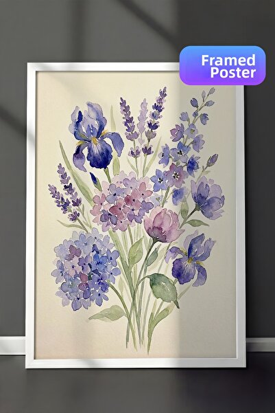 Zestia Tablou de perete înrămat alb, buchet de primăvară cu mov, lavandă și i...