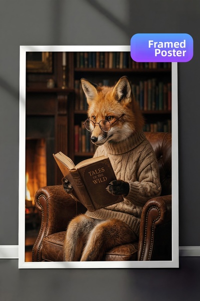 Zestia Ζωγραφική σε λευκό πλαίσιο Πορτρέτο του σοφού αλεπού που διαβάζει ένα ...