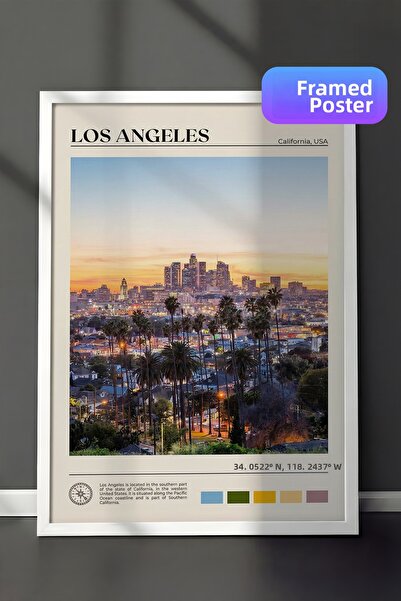 Zestia Pictură de perete înrămată în alb, peisaj urban Los Angeles Skyline, d...