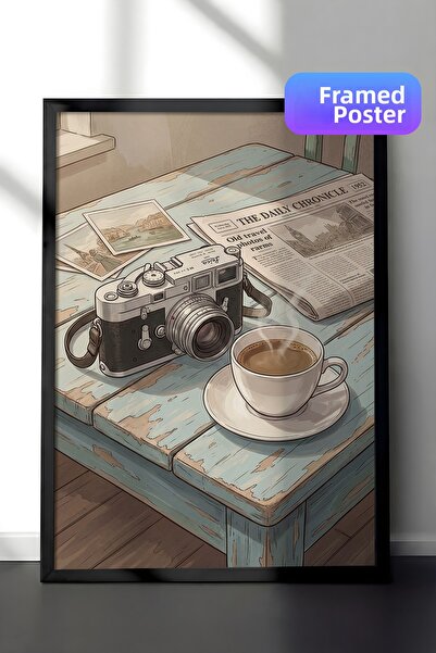 Zestia Tablou de perete cu ramă neagră, aparat foto vintage și pauză de cafea...