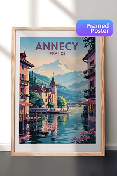 Zestia Tablou de perete cu ramă din lemn Annecy, Franța, peisaj cu lac și mun...