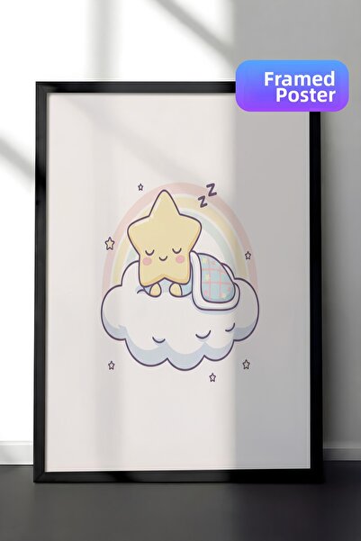 Zestia Pictură murală înrămată în negru cu stea dormind pe nor și curcubeu pa...
