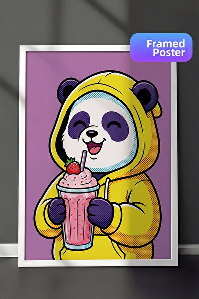 Zestia Pictură de perete înrămată albă Panda cu glugă galbenă Milkshake cu că...