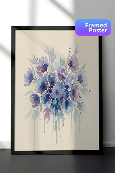 Zestia Pictură de perete înrămată în negru, cu cerneală care curge, albastru ...