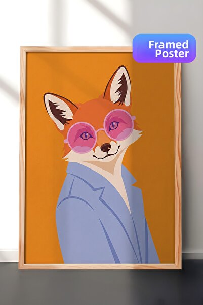 Zestia Tablou de perete cu ramă din lemn, ilustrație de vulpe elegantă cu och...