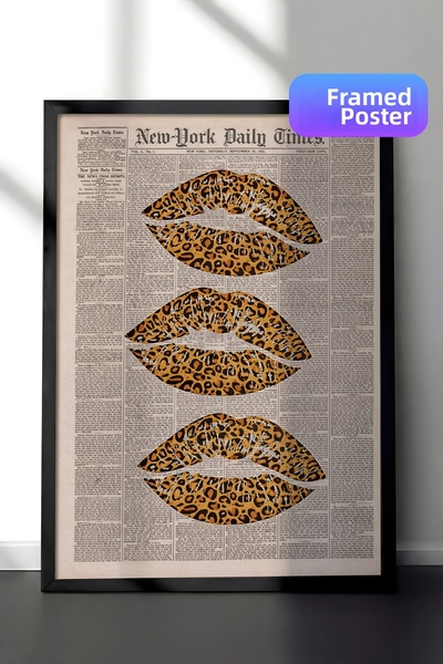 Zestia Черна рамка за стена с леопардов принт и устни в стил поп арт за декор...