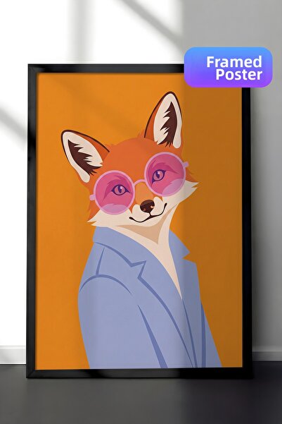 Zestia Pictură murală înrămată în negru, ilustrație de vulpe elegantă cu oche...