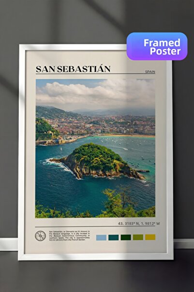 Zestia Pictură de perete înrămată în alb cu peisajul Golfului San Sebastian ș...