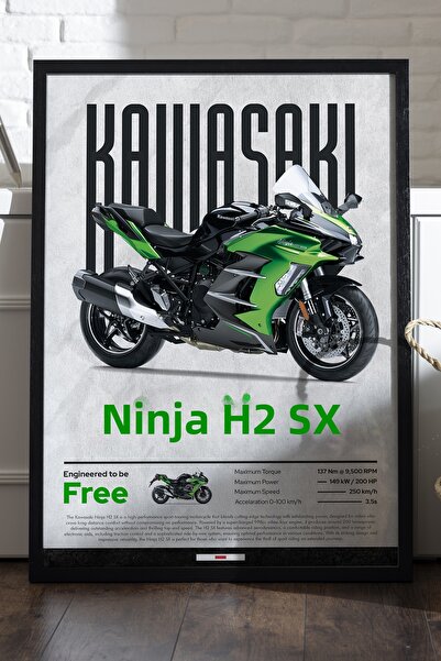 Duvarda Poster Kawasaki Ninja H2 SX cu ramă din lemn negru, pictură decorativ...