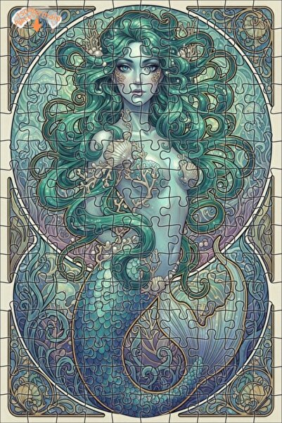 Teona Ahşap Mermaid Art Oil Painting Look Double Layer Framed Wooden Puzzle 1...