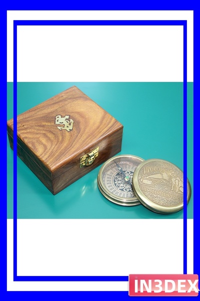 İN3DEX بوصلة نحاسية في صندوق خشبي، زخرفية وعملية