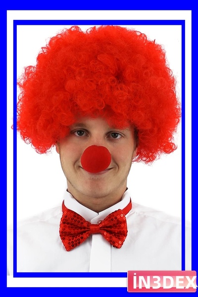 İN3DEX مجموعة شعر مستعار أفرو مجعد وطقم أنف المهرج الأحمر