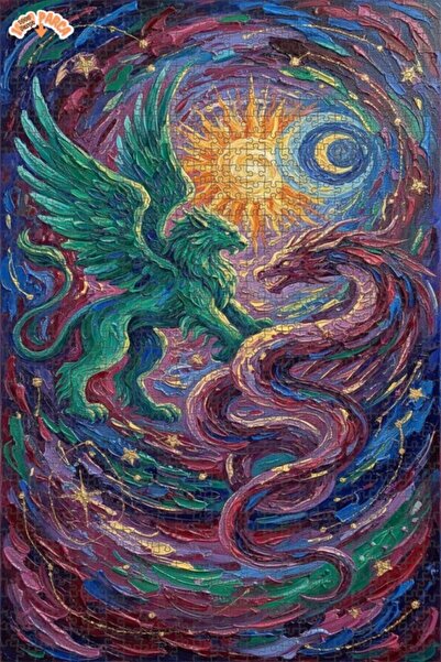 Teona Ahşap Green Winged Lion Dragon Duel Oil Painting Double-Layer Framed Wo...