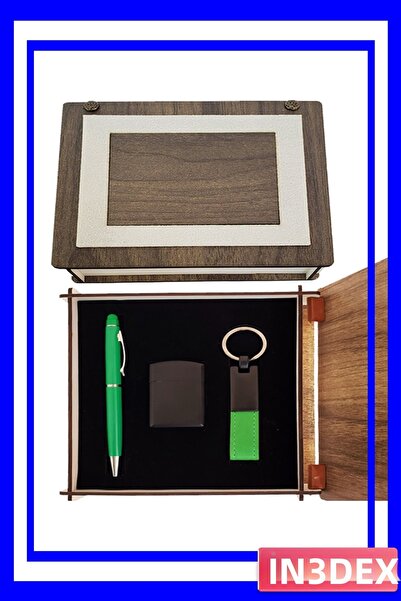 İN3DEX Leather Keychain and Ballpoint Pen Set with Wooden Box