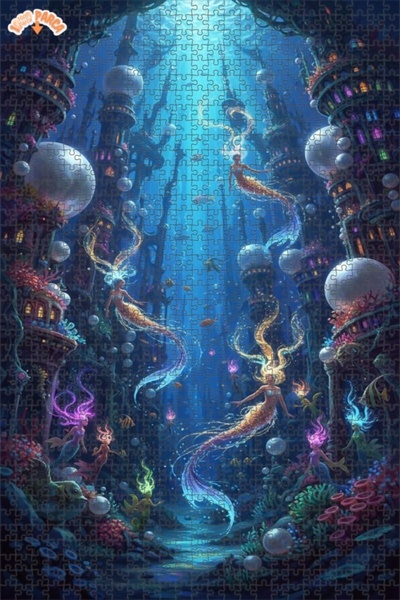 Teona Ahşap Mermaid City Tale Oil Painting Lookalike Double Layer Framed Wood...