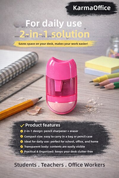 KarmaOfis Pink 2-in-1 Pencil Sharpener and Eraser |   Compact Pencil Sharpene...