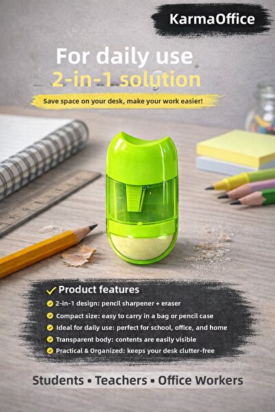 KarmaOfis Green 2-in-1 Pencil Sharpener and Eraser |   Compact Pencil Sharpen...