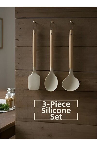 EVİMDM 3-Piece Wooden Handle Silicone Kitchen Serving Set – Heat Resistant