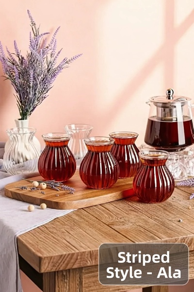 Berdina Home طقم أكواب شاي من الزجاج البوروسيليكات المخطط مكون من 6 قطع، مقاو...