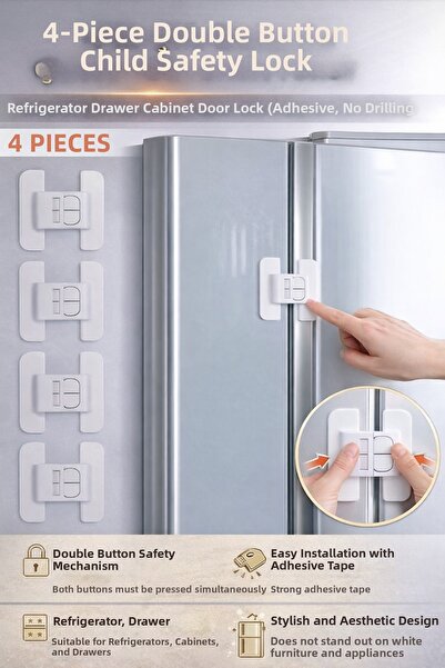 AVEO 4 Pcs Double Button Child Safety Lock – Refrigerator Drawer Cabinet Door...