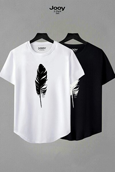 Jooy Company Black and White Set of 2 Feather Printed Slim Fit Oval Cut Tshirt