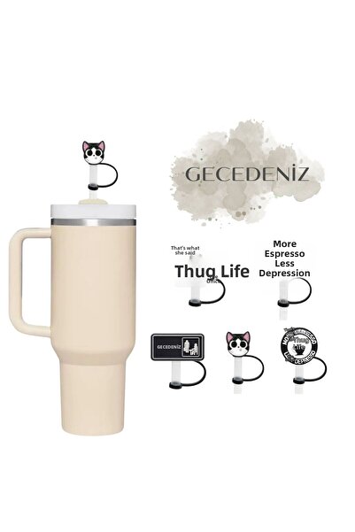 GECEDENİZ Thermos Compatible Straw Stopper Big Cat Black