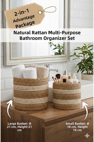 sever ithalat 2-Piece Bathroom Organizer Wicker Basket Set - White Striped De...