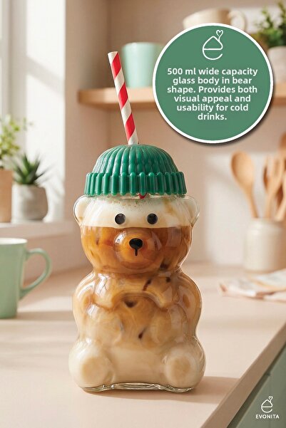 EVONİTA Barista Glass Cold Drink Cup Teddy Bear Cup 500 ml Cute Glass Mug wit...