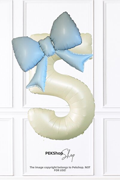 PEKSHOP Blue Bow Balloon Cream 5 Year Old Birthday Balloon Set