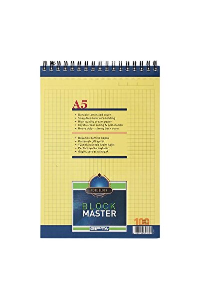 Gıpta Block Master A5 Spiral Notebook Cardboard Cover 100 Pages Checkered