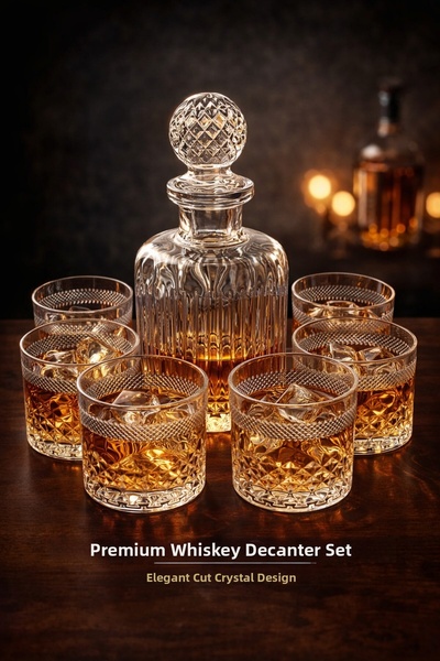 MADAME LUDA Top Segment Whiskey Glass Carafe Decanter Set. (4 Cups+1 Carafer)...