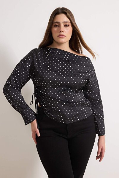 Trendyol Curve Black Polka Dot Satin Leopard Patterned Long Sleeve Plus Size ...