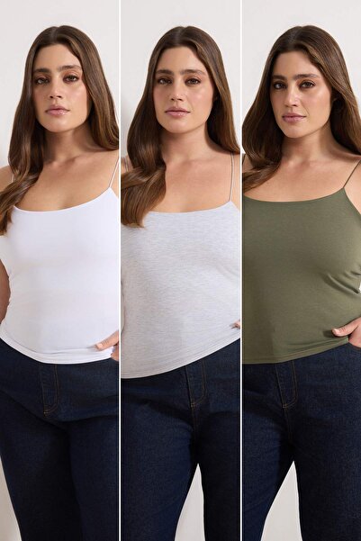 Trendyol Curve Khaki-White-Grey 3-Pack Thin Strap Crop Plus Size Tank Top Tbb...