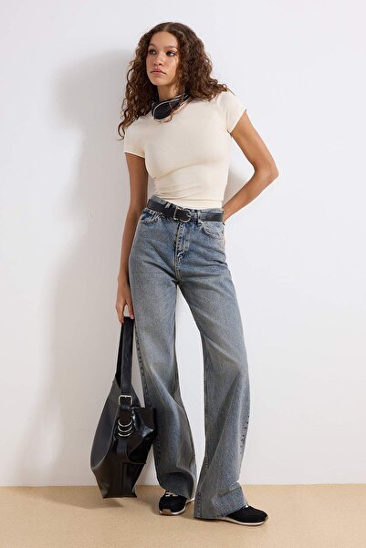 Trendyol Collection Kék, magas derekú, széles szárú, 100% pamut, nem nyúló fa...