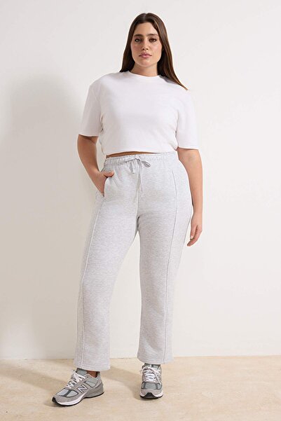 Trendyol Curve Grey Melange High Waist Stitching Detail Jogger Fit Knitted Pl...