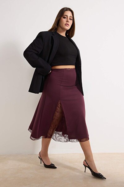 Trendyol Curve Fusta Plus Size Plum Midi din material subțire TBBAW26AZ00028