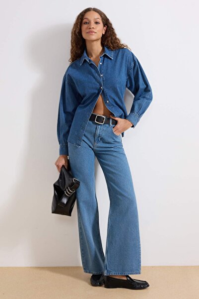 Trendyol Collection Niebieskie dżinsy z wysokim stanem i szerokimi nogawkami,...