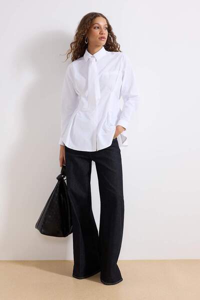 Trendyol Modest White Regular Terrycotton Plain Woven Tie Detail Hijab Shirt ...