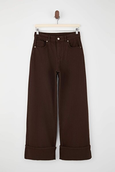 Trendyol Collection Blugi maro cu picior îndoit talie înaltă croi larg pe pic...