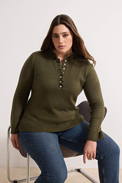 Trendyol Curve Khaki Collar Detailed Soft Textured Knitwear Sweater Tbbaw26An...
