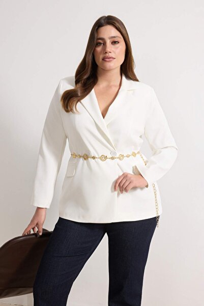 Trendyol Curve Ecru-Jacke in Übergröße mit Gürteldetail TBBSS26AG00005