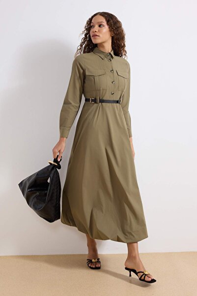 Trendyol Modest Rochie din bumbac cu fustă balon kaki TCTSS26EB00008