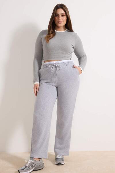 Trendyol Curve Gray Melange Buy Poplin Detailed Lace-Up Wide Leg Large Size S...