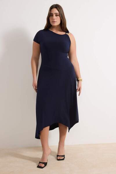 Trendyol Curve Navy Blue Asymmetric Collar Accessory Detail Knitted Plus Size...